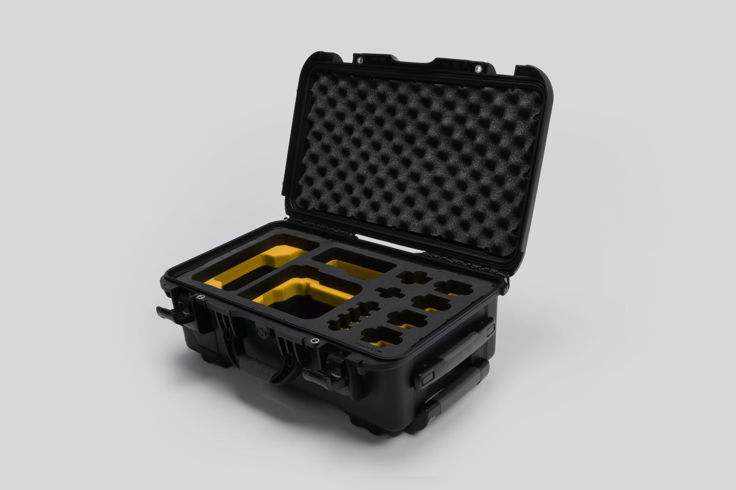 Angled view of Foama Black Color Carry-on case and Custom Foam Insert with Yellow Layer for Sony FX-6