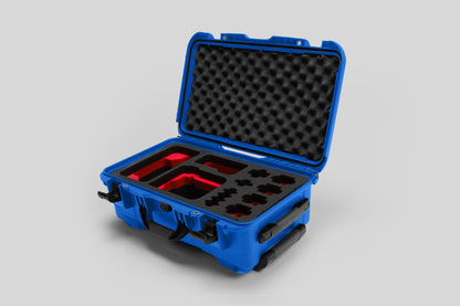 Angled view of Foama Blue Color Carry-on case and Custom Foam Insert with Red Layer for Sony FX-6