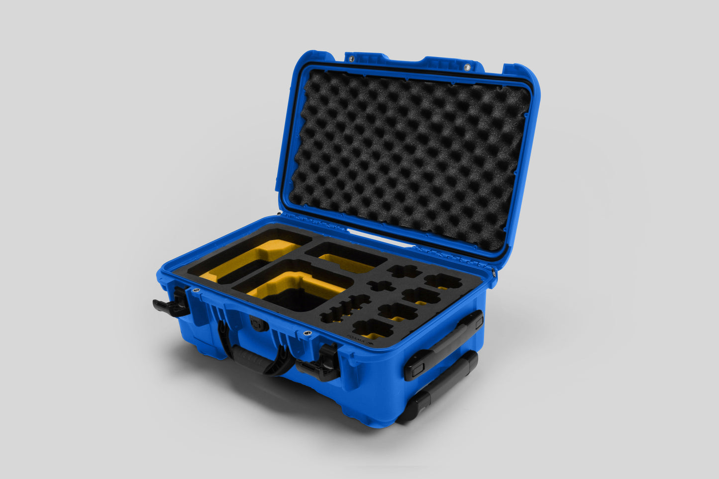 Angled view of Foama Blue Color Carry-on case and Custom Foam Insert with Yellow Layer for Sony FX-6