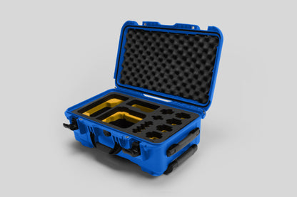 Angled view of Foama Blue Color Carry-on case and Custom Foam Insert with Yellow Layer for Sony FX-6