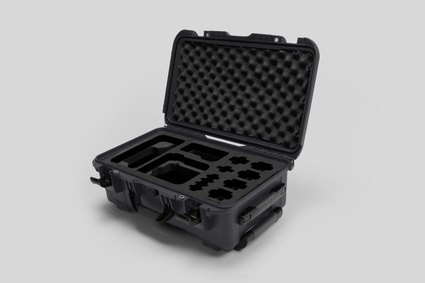 Angled view of Foama Graphite Color Carry-on case and Custom Foam Insert for Sony FX-6