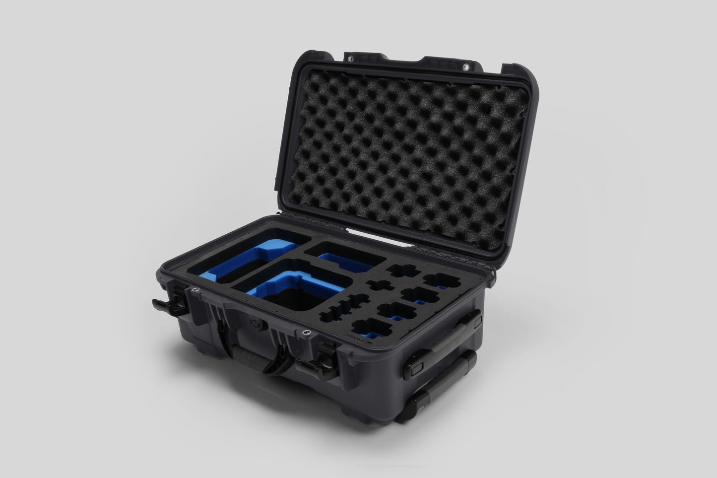 Angled view of Foama Graphite Color Carry-on case and Custom Foam Insert with Blue Layer for Sony FX-6