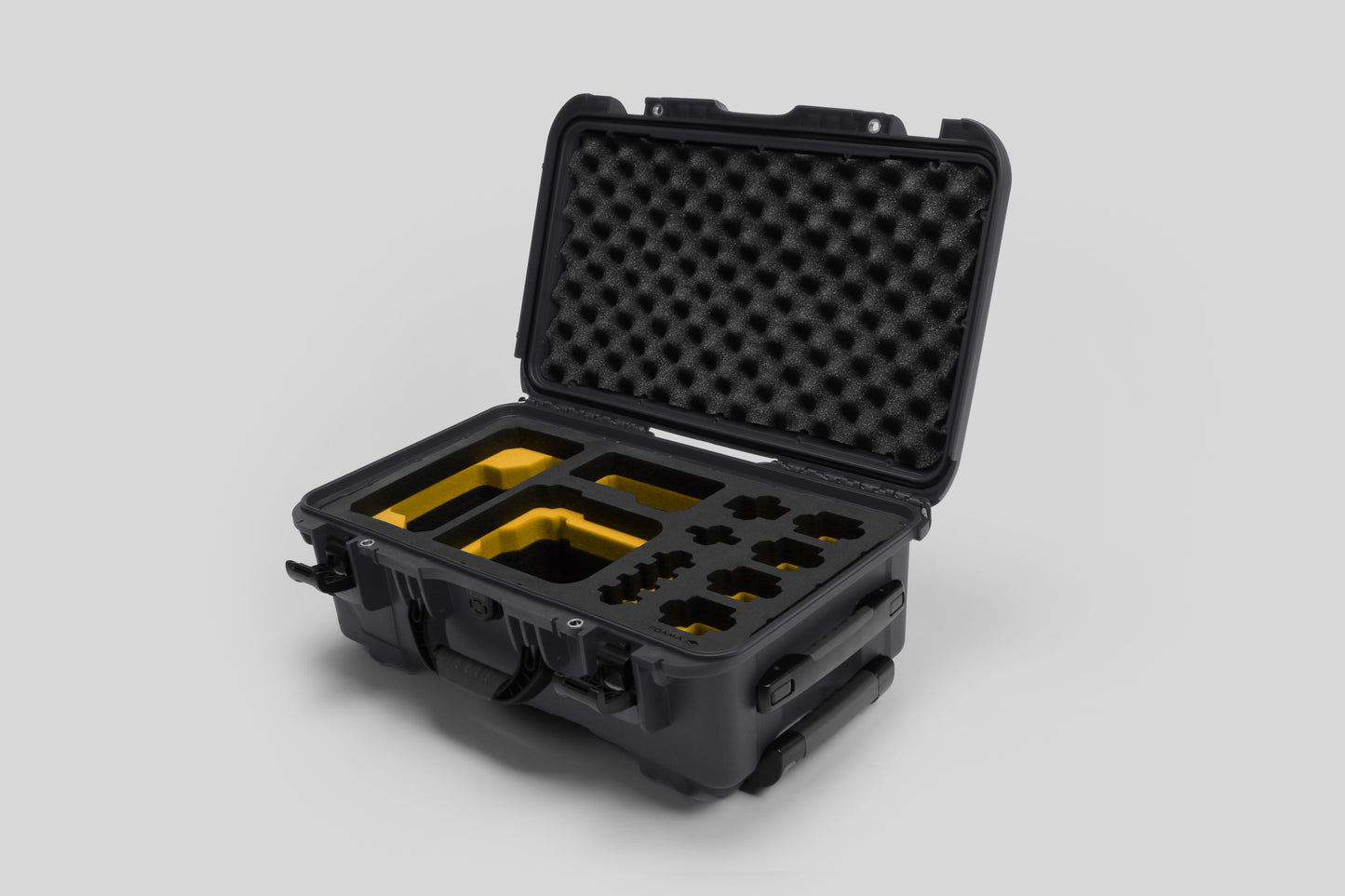 Angled view of Foama Graphite Color Carry-on case and Custom Foam Insert with Yellow Layer for Sony FX-6