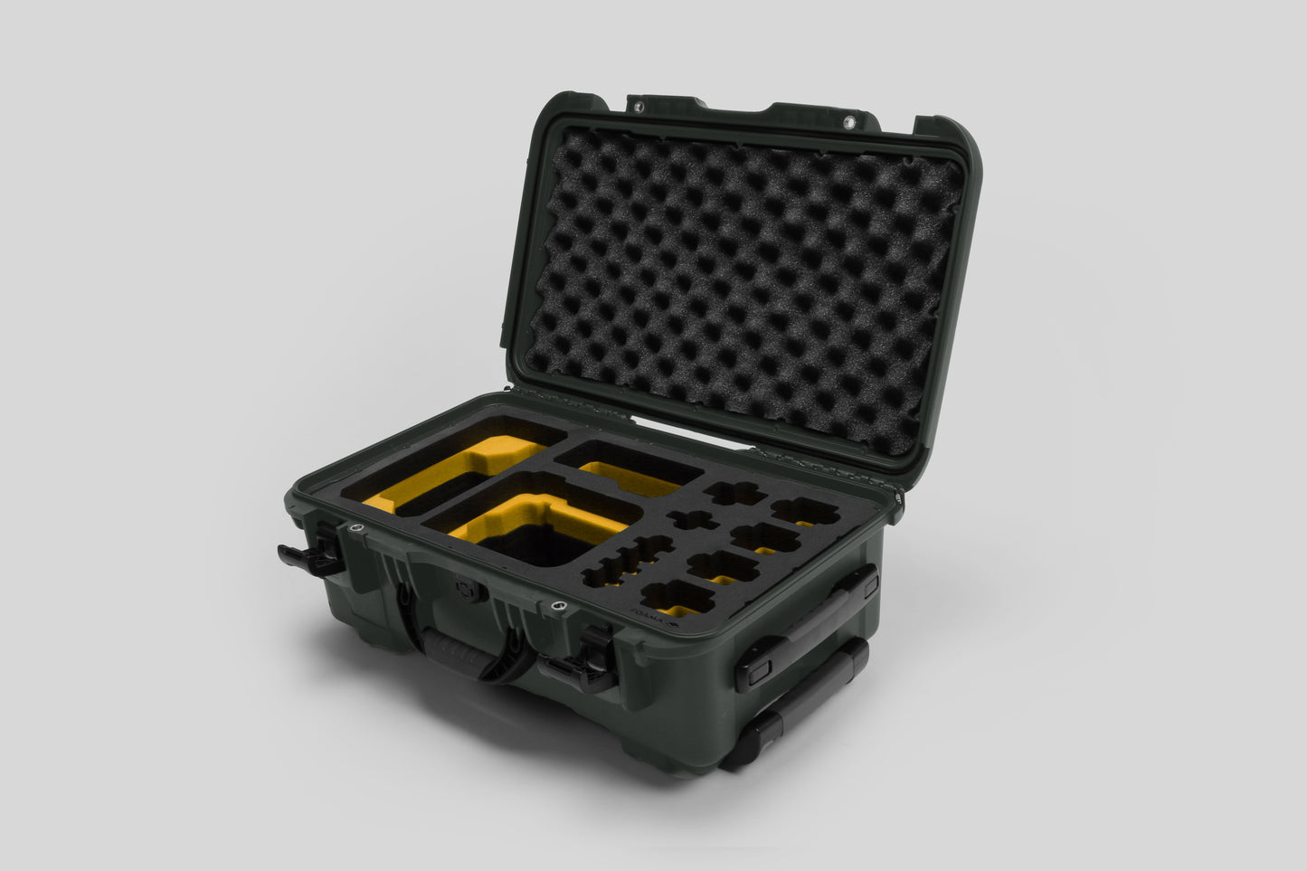 Angled view of Foama Olive Color Carry-on case and Custom Foam Insert with Yellow Layer for Sony FX-6