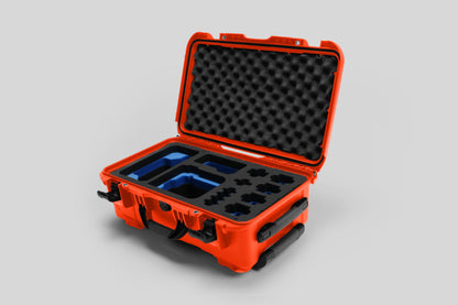 Angled view of Foama Orange Color Carry-on case and Custom Foam Insert with Blue Layer for Sony FX-6