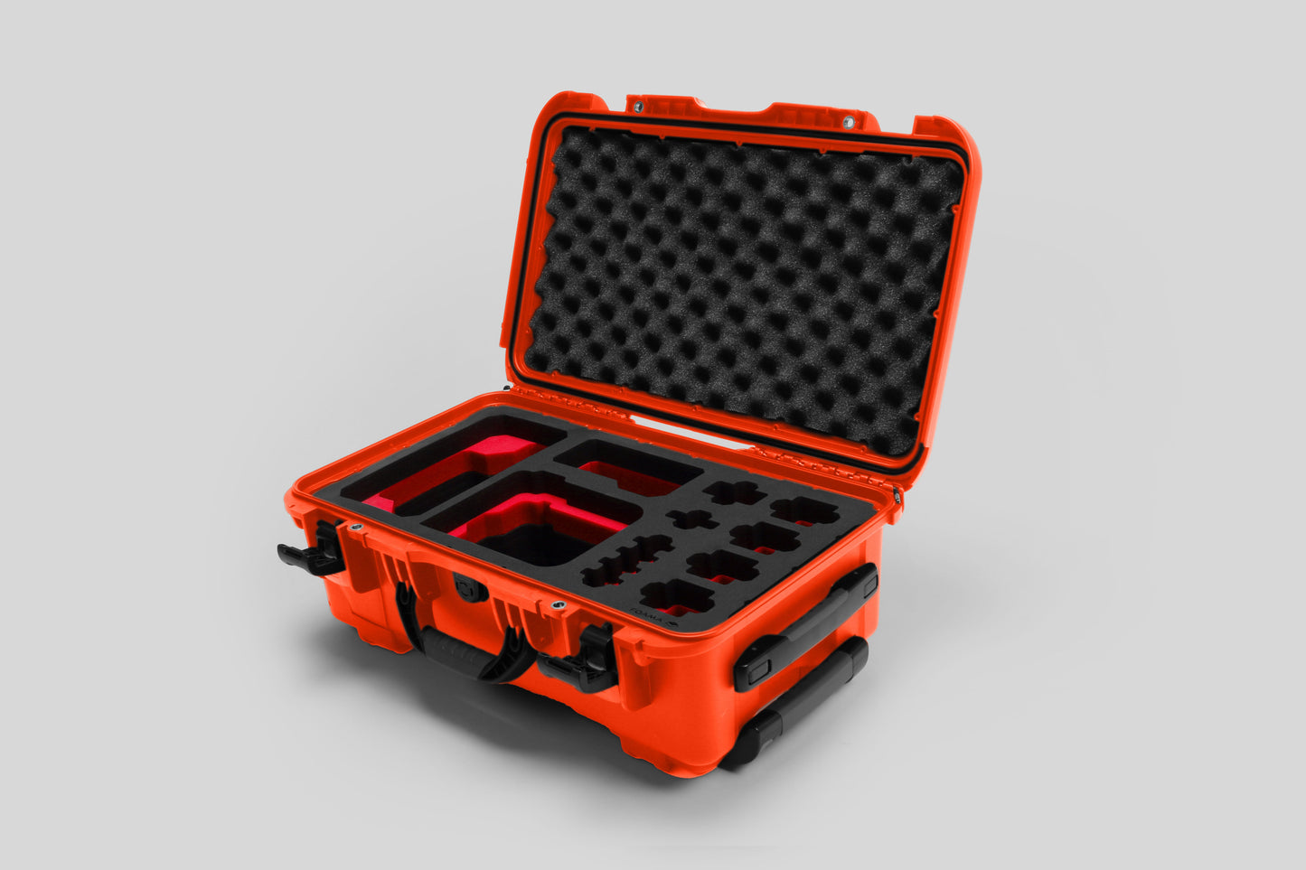 Angled view of Foama Orange Color Carry-on case and Custom Foam Insert with Red Layer for Sony FX-6