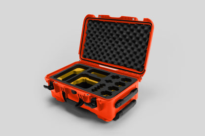 Angled view of Foama Orange Color Carry-on case and Custom Foam Insert with Yellow Layer for Sony FX-6
