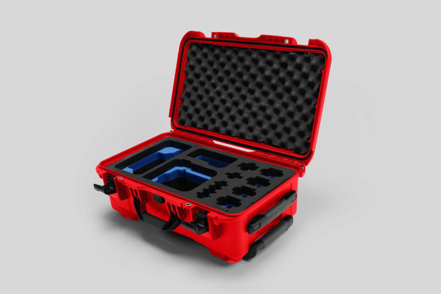 Angled view of Foama Red Color Carry-on case and Custom Foam Insert with Blue Layer for Sony FX-6