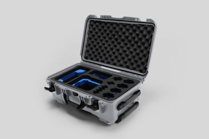 Angled view of Foama Silver Color Carry-on case and Custom Foam Insert with Blue Layer for Sony FX-6