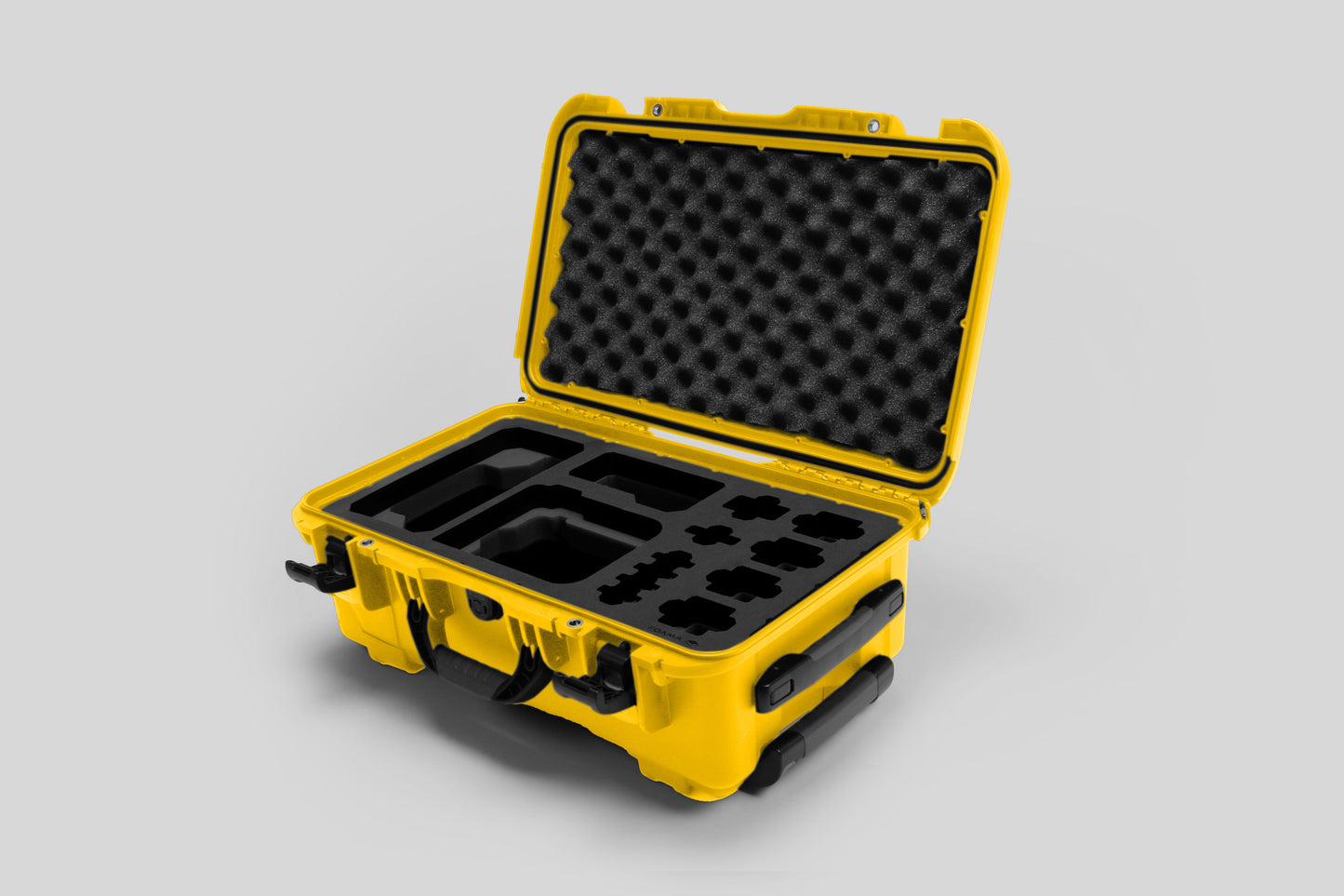 Angled view of Foama Yellow Color Carry-on case and Custom Foam Insert for Sony FX-6