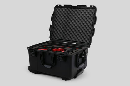 Angled view of Sony FX6 and accessories in Black Color Studio Case and Custom Foam Insert with a Red Layer