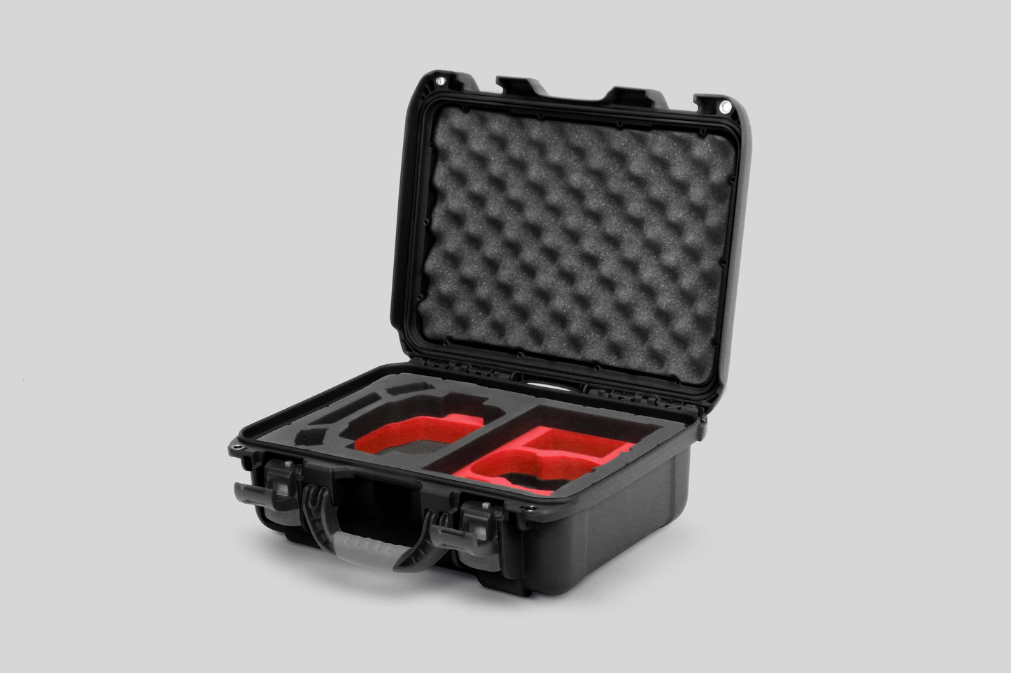 Angled View of a DJI Mini 3 & 4 Pro Black Color Hard Case with Custom Red Foam Insert