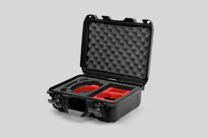 Angled View of a DJI Mini 3 & 4 Pro Black Color Hard Case with Custom Red Foam Insert