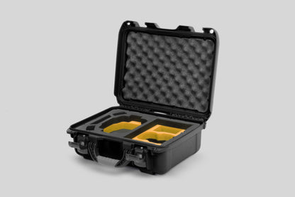 Angled View of a DJI Mini 3 & 4 Pro Black Color Hard Case with Custom Yellow Foam Insert