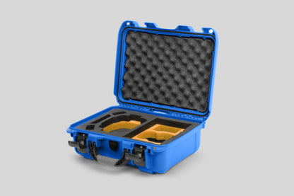 Angled view of Foama Blue Color Hard Case and Custom Foam Insert with a Stylish Yellow Layer for DJI Mini 3 & 4 Pro
