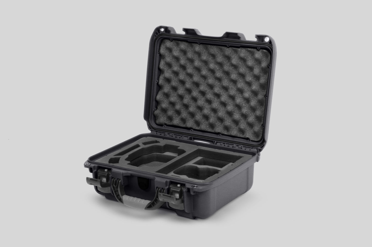 Angled view of Foama Graphite Color Hard Case and Custom Foam Insert with a Stylish Black Layer for DJI Mini 3 & 4 Pro