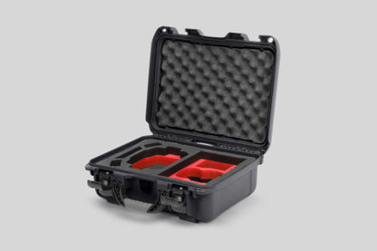 Angled view of Foama Graphite Color Hard Case and Custom Foam Insert with a Stylish Red Layer for DJI Mini 3 & 4 Pro