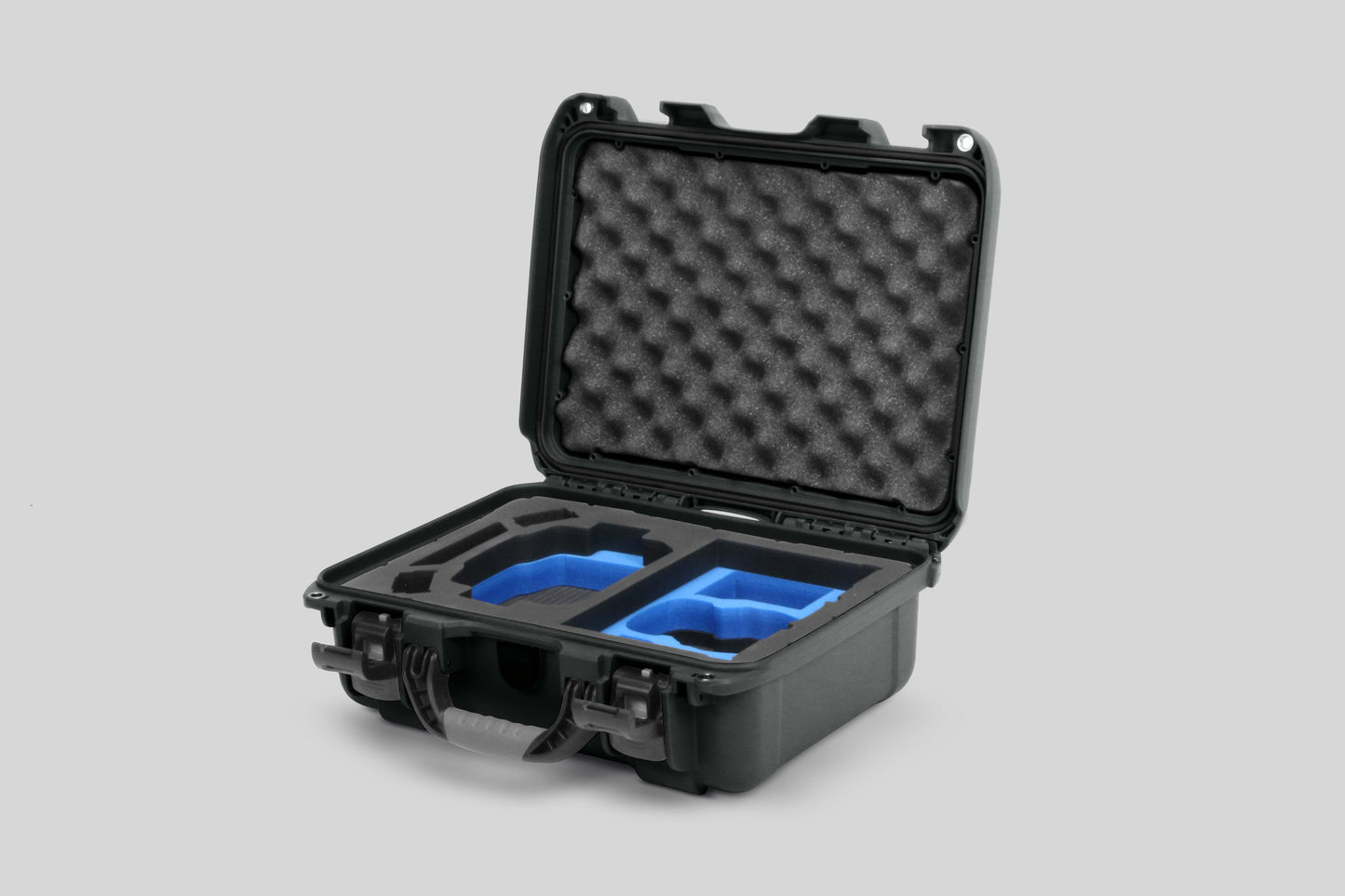 Angled view of Foama Olive Color Hard Case and Custom Foam Insert with a Stylish Blue Layer for DJI Mini 3 & 4 Pro