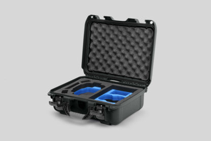 Angled view of Foama Olive Color Hard Case and Custom Foam Insert with a Stylish Blue Layer for DJI Mini 3 & 4 Pro
