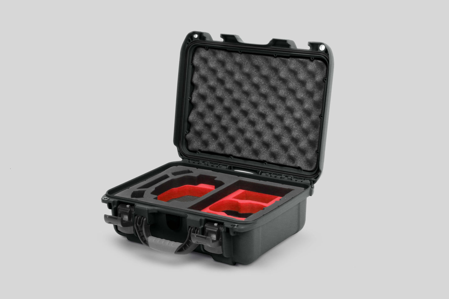 Angled view of Foama Olive Color Hard Case and Custom Foam Insert with a Stylish Red Layer for DJI Mini 3 & 4 Pro