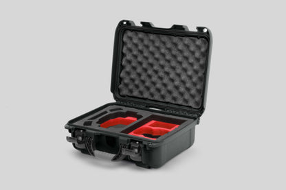 Angled view of Foama Olive Color Hard Case and Custom Foam Insert with a Stylish Red Layer for DJI Mini 3 & 4 Pro