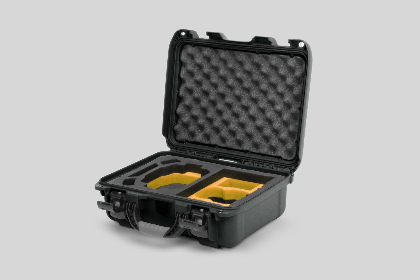 Angled view of Foama Olive Color Hard Case and Custom Foam Insert with a Stylish Yellow Layer for DJI Mini 3 & 4 Pro