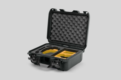 Angled view of Foama Olive Color Hard Case and Custom Foam Insert with a Stylish Yellow Layer for DJI Mini 3 & 4 Pro