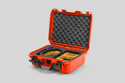 Angled view of Foama Orange Color Hard Case and Custom Foam Insert with a Stylish Yellow Layer for DJI Mini 3 & 4 Pro