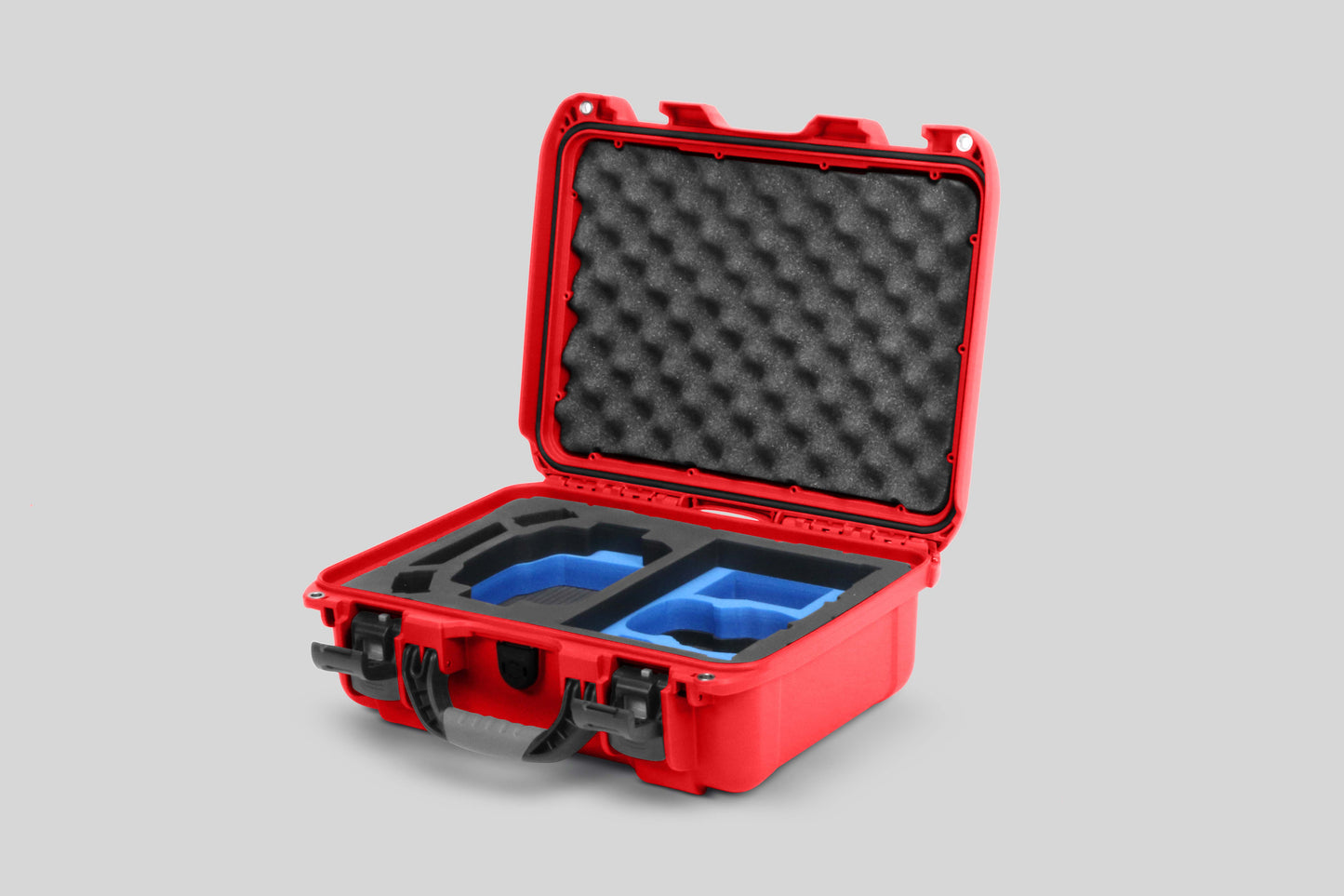 Angled view of Foama Red Color Hard Case and Custom Foam Insert with a Stylish Blue Layer for DJI Mini 3 & 4 Pro