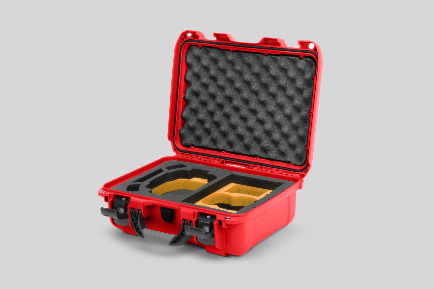 Angled view of Foama Red Color Hard Case and Custom Foam Insert with a Stylish Yellow Layer for DJI Mini 3 & 4 Pro