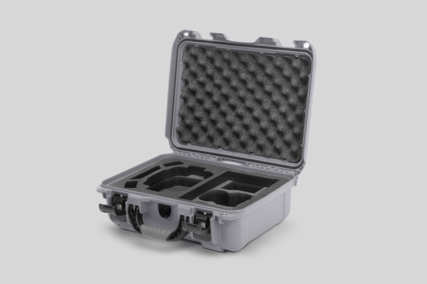 Angled view of Foama Silver Color Hard Case and Custom Foam Insert with a Stylish Black Layer for DJI Mini 3 & 4 Pro
