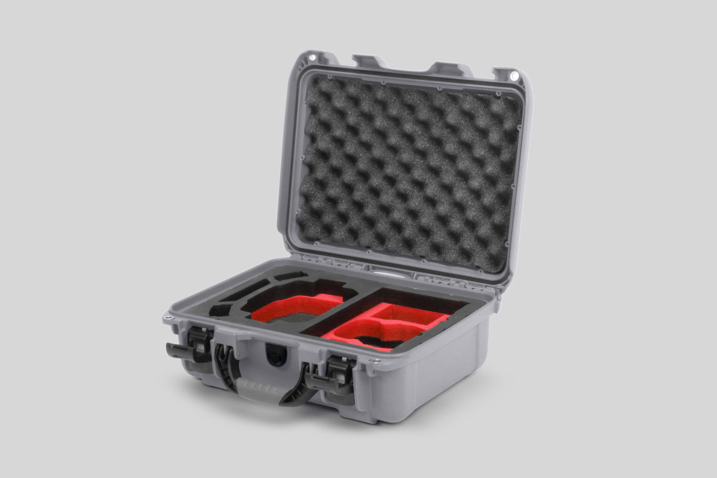 Angled view of Foama Silver Color Hard Case and Custom Foam Insert with a Stylish Red Layer for DJI Mini 3 & 4 Pro