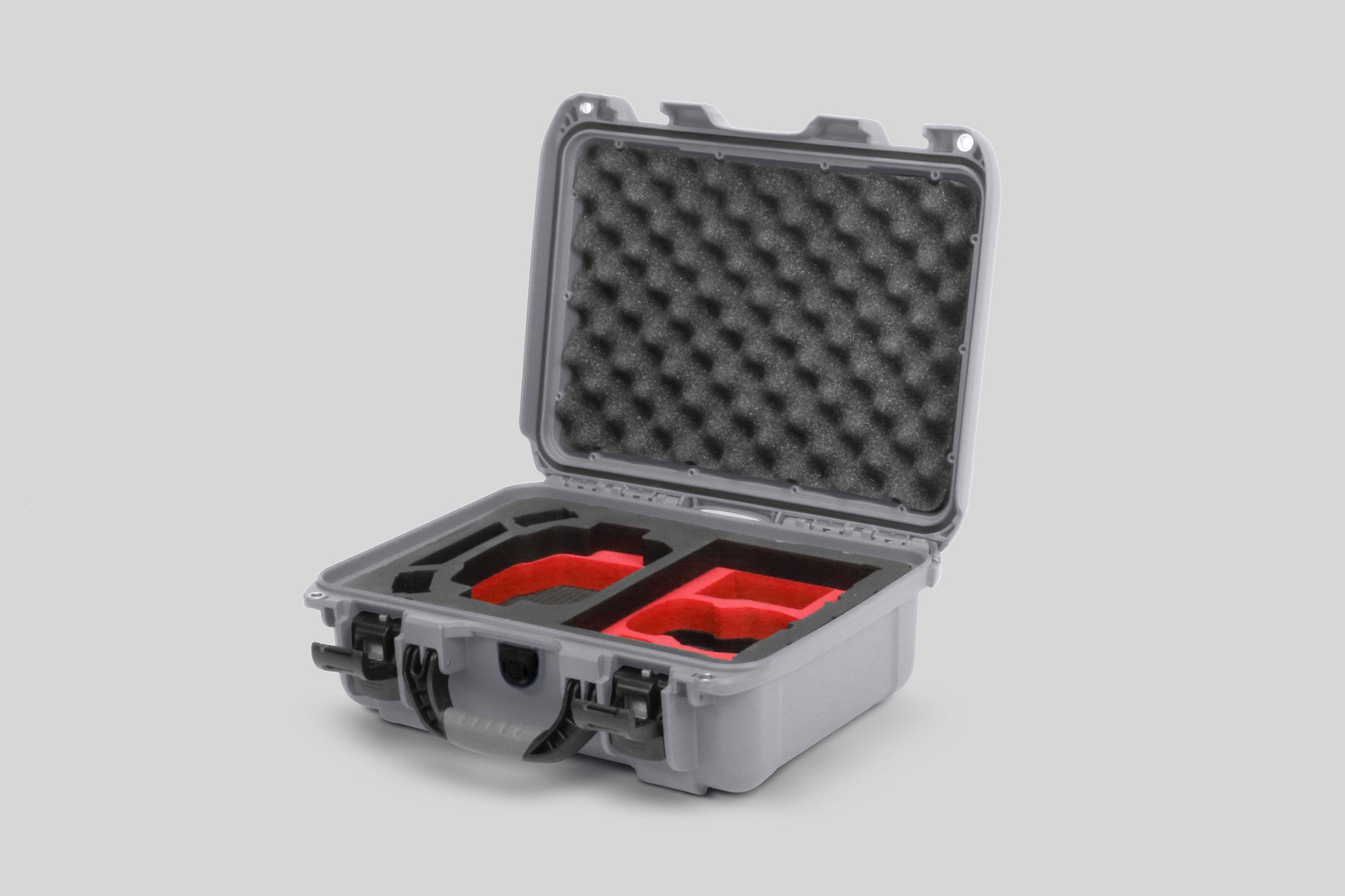 Angled view of Foama Silver Color Hard Case and Custom Foam Insert with a Stylish Red Layer for DJI Mini 3 & 4 Pro
