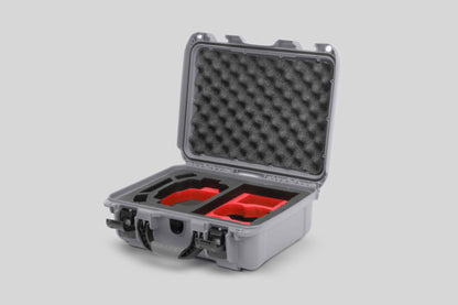 Angled view of Foama Silver Color Hard Case and Custom Foam Insert with a Stylish Red Layer for DJI Mini 3 & 4 Pro