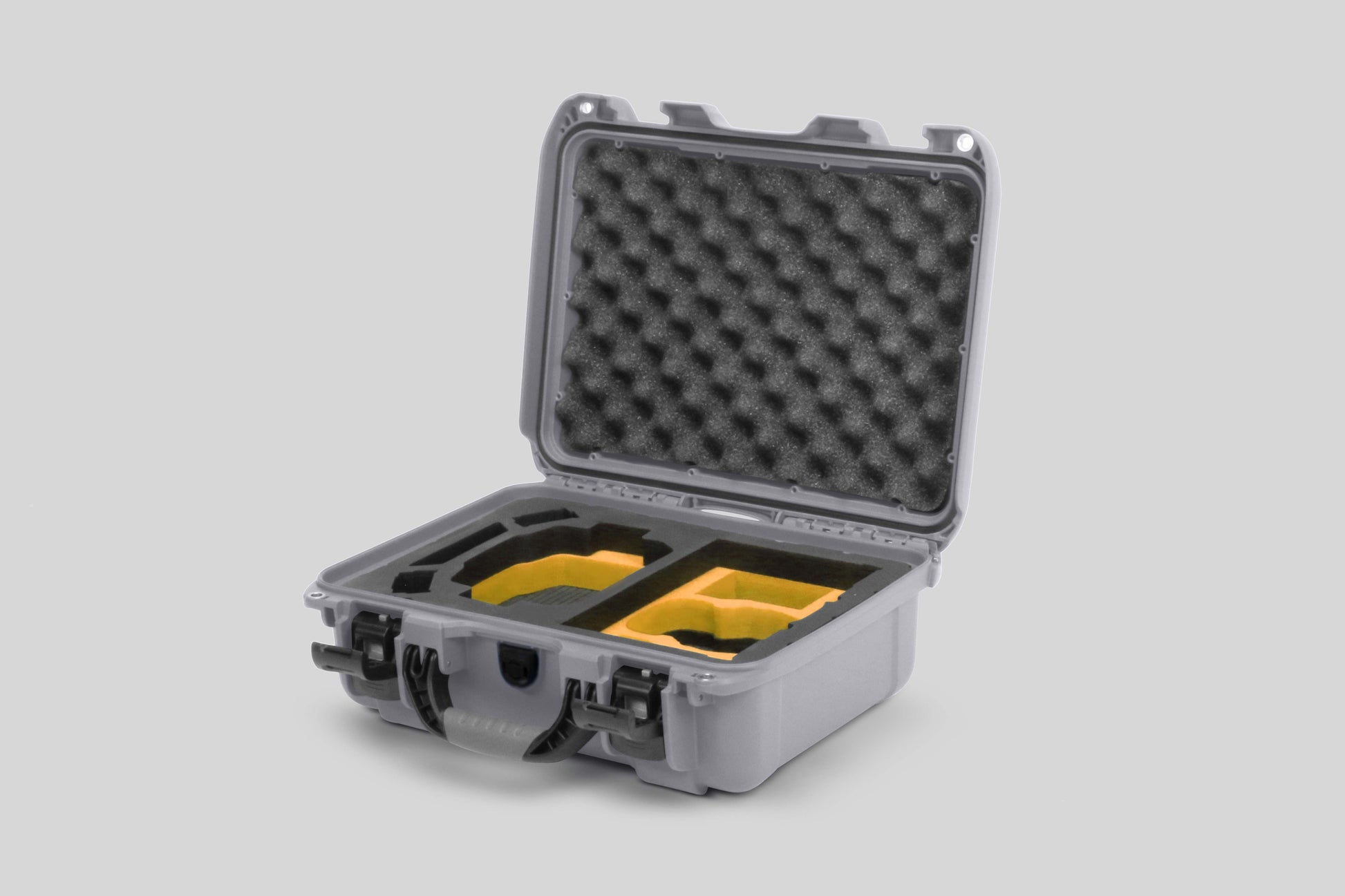Angled view of Foama Silver Color Hard Case and Custom Foam Insert with a Stylish Yellow Layer for DJI Mini 3 & 4 Pro