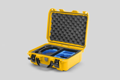 Angled view of Foama Yellow Color Hard Case and Custom Foam Insert with a Stylish Blue Layer for DJI Mini 3 & 4 Pro