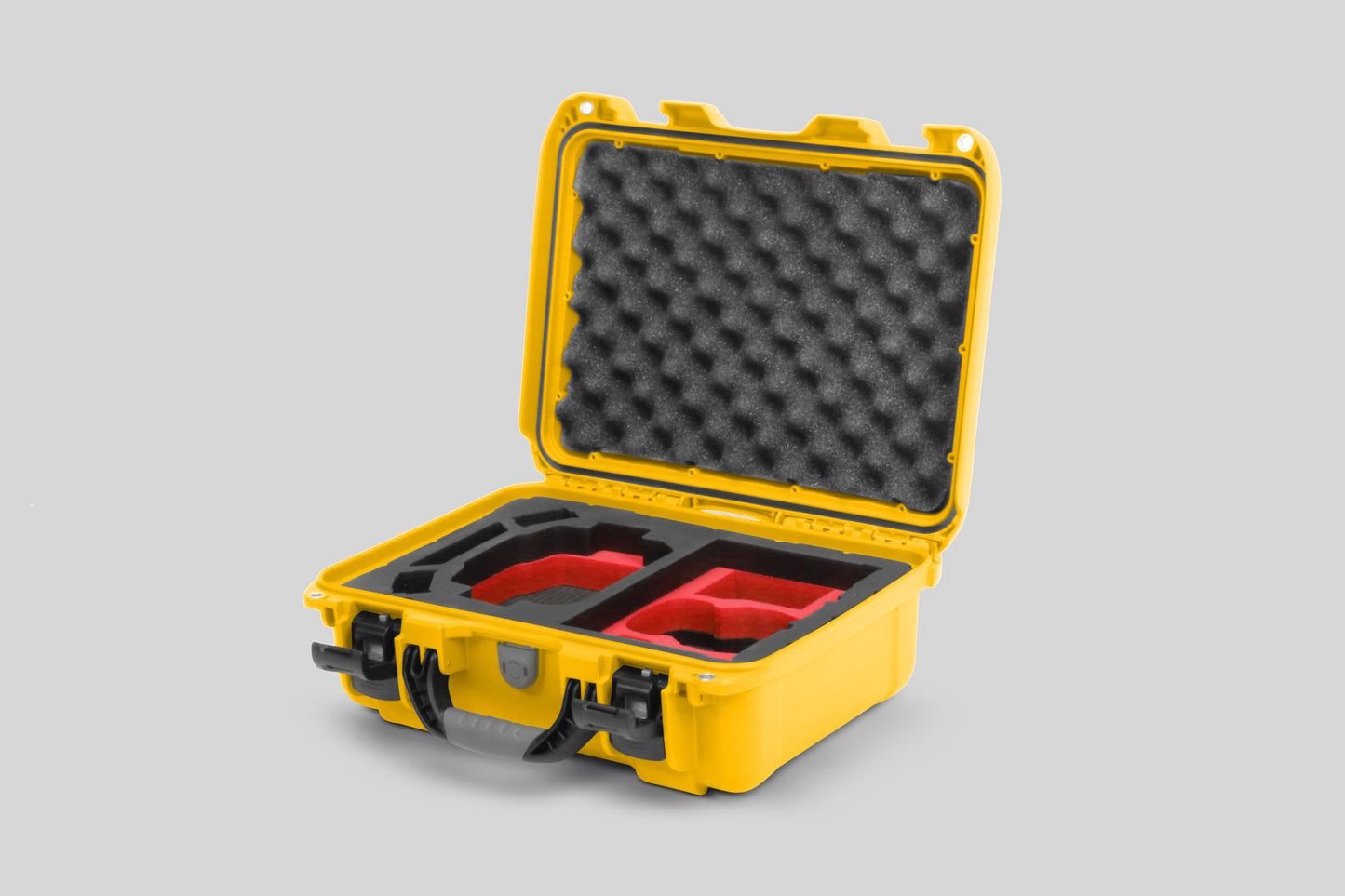 Angled view of Foama Yellow Color Hard Case and Custom Foam Insert with a Stylish Red Layer for DJI Mini 3 & 4 Pro