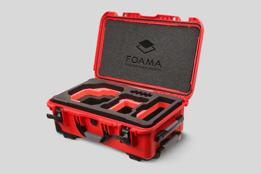 Angled view of Foama Red Color Carry-on case and Custom Foam Insert with Red Layer for RED Komodo-X