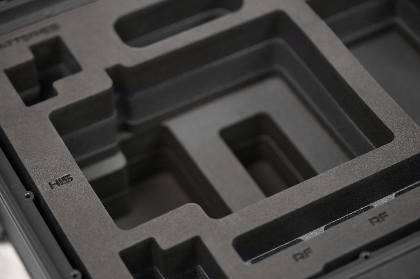 Close view of Black Color ARRI HI-5 Carry-On Case with Black Layer Custom Foam Insert