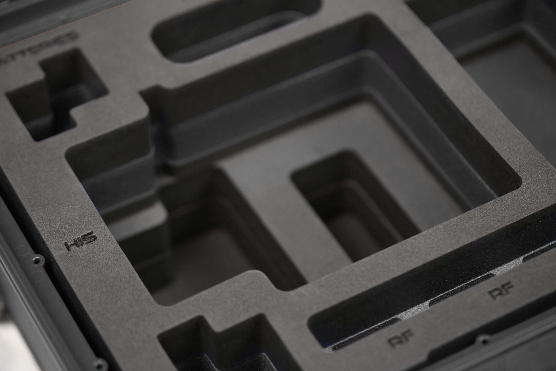 Close view of Black Color ARRI HI-5 Carry-On Case with Black Layer Custom Foam Insert