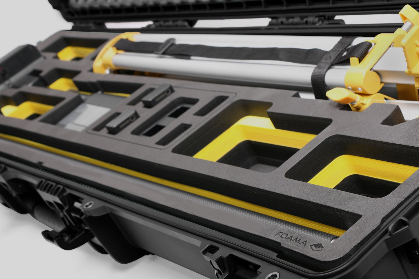 Close-up view 1 of Foama Fortified Black Color Hard Case and Custom Foam Insert with Yellow Layer for DJI D-RTK 2 Mobile Station