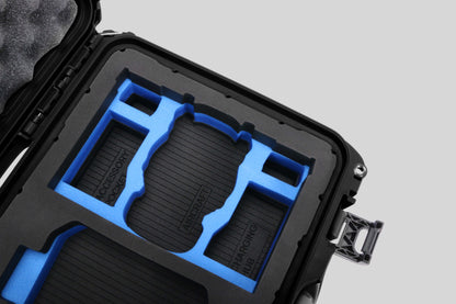 Close up view 1 of a DJI Mini 3 & 4 Pro Black Color Hard Case with Custom Blue Foam Insert
