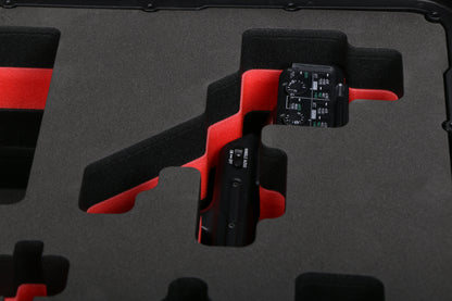 Close-up view 1 of Sony FX3 and accessories in Black Color Studio Case and Custom Foam Insert with a red layer