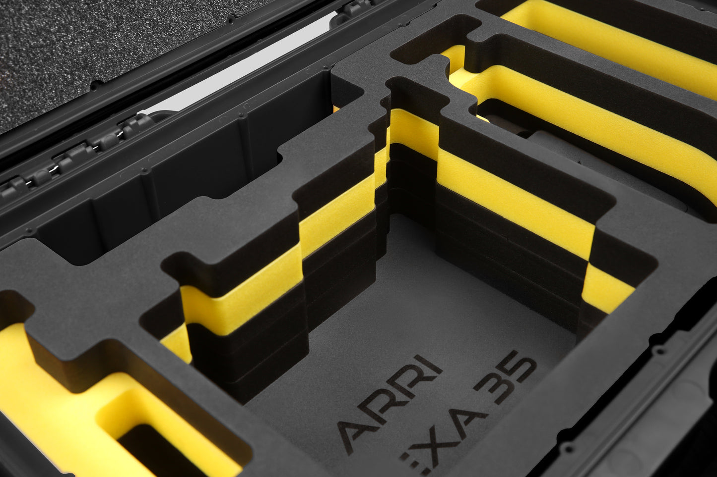 Close view of Black Color ARRI Alexa 35 Carry-On Case with Yellow Layer Custom Foam Insert
