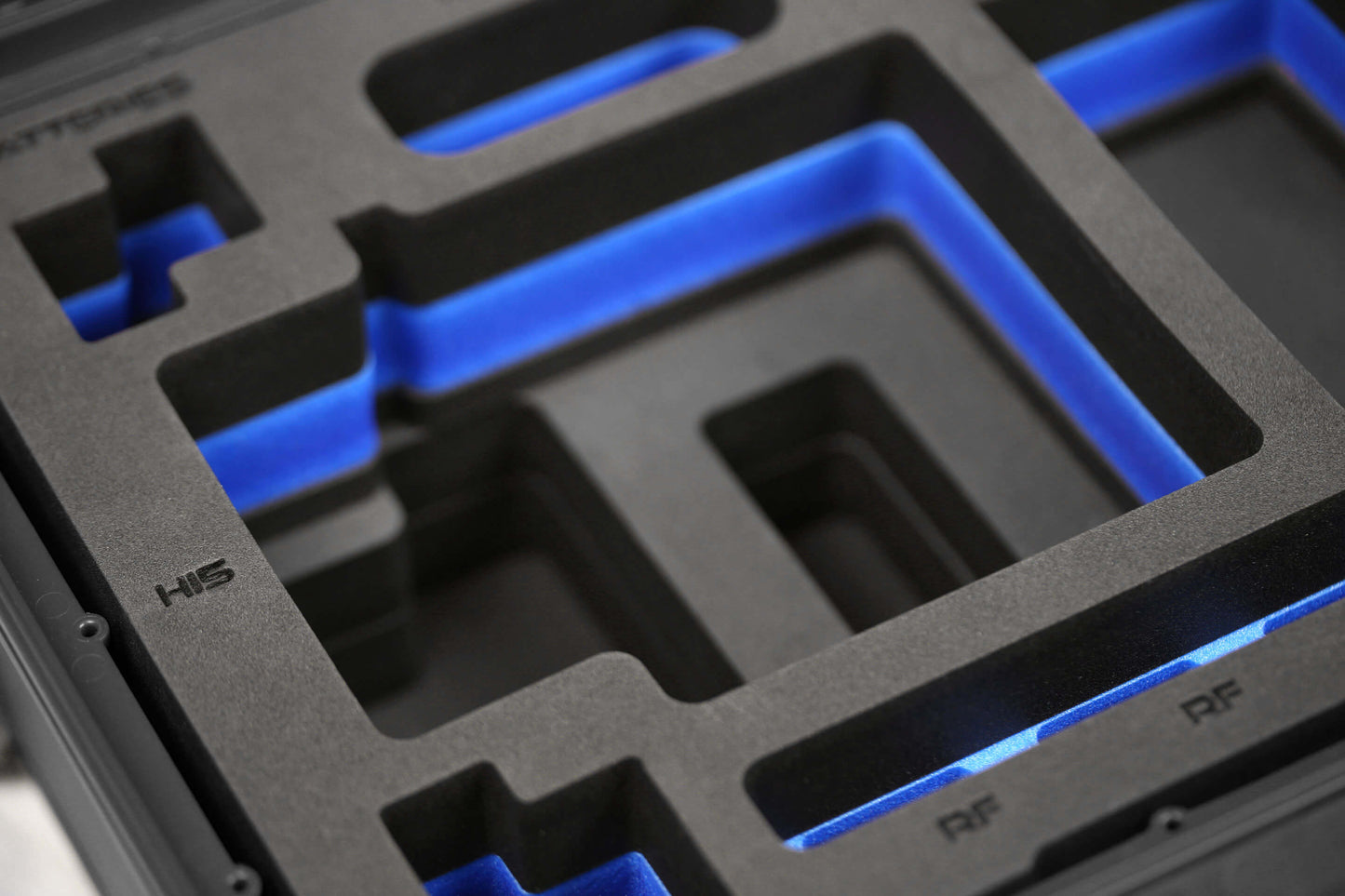 Close view of Black Color ARRI HI-5 Carry-On Case with Blue Layer Custom Foam Insert