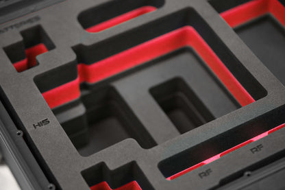 Close view of Black Color ARRI HI-5 Carry-On Case with Red Layer Custom Foam Insert
