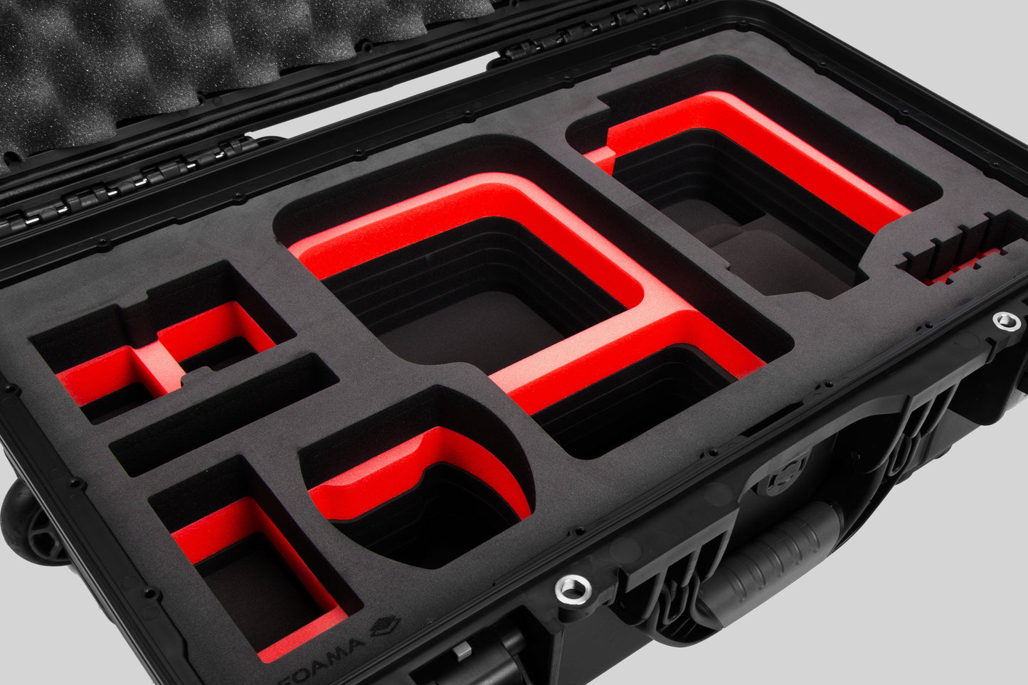 Close view of Black Color Canon C400 Camera Carry-on Case and Red Layer Custom Foam Insert