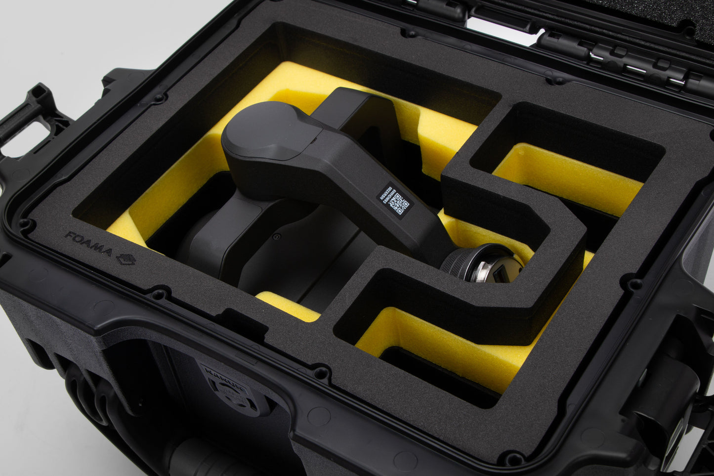 Close view of Black Color DJI Zenmuse H30T Carry-On Case with Yellow Layer Custom Foam Insert