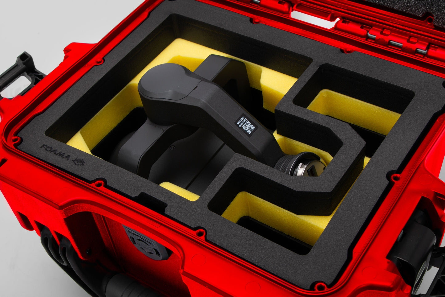 Close view of Red Color DJI Zenmuse H30T Carry-On Case with Yellow Layer Custom Foam Insert