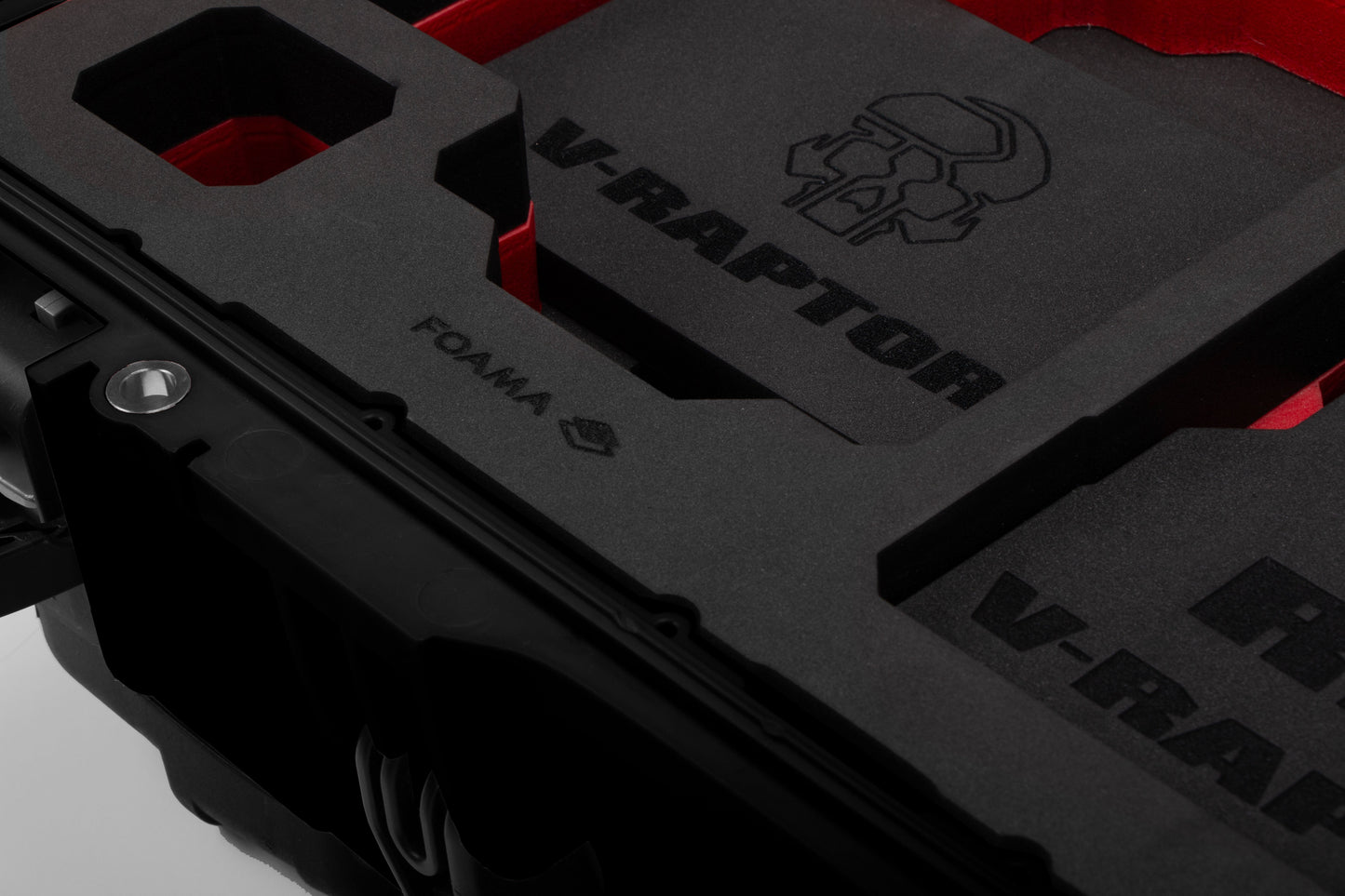 Close view of Black Color RED V Raptor Carry-On Case with Red Layer Custom Foam Insert
